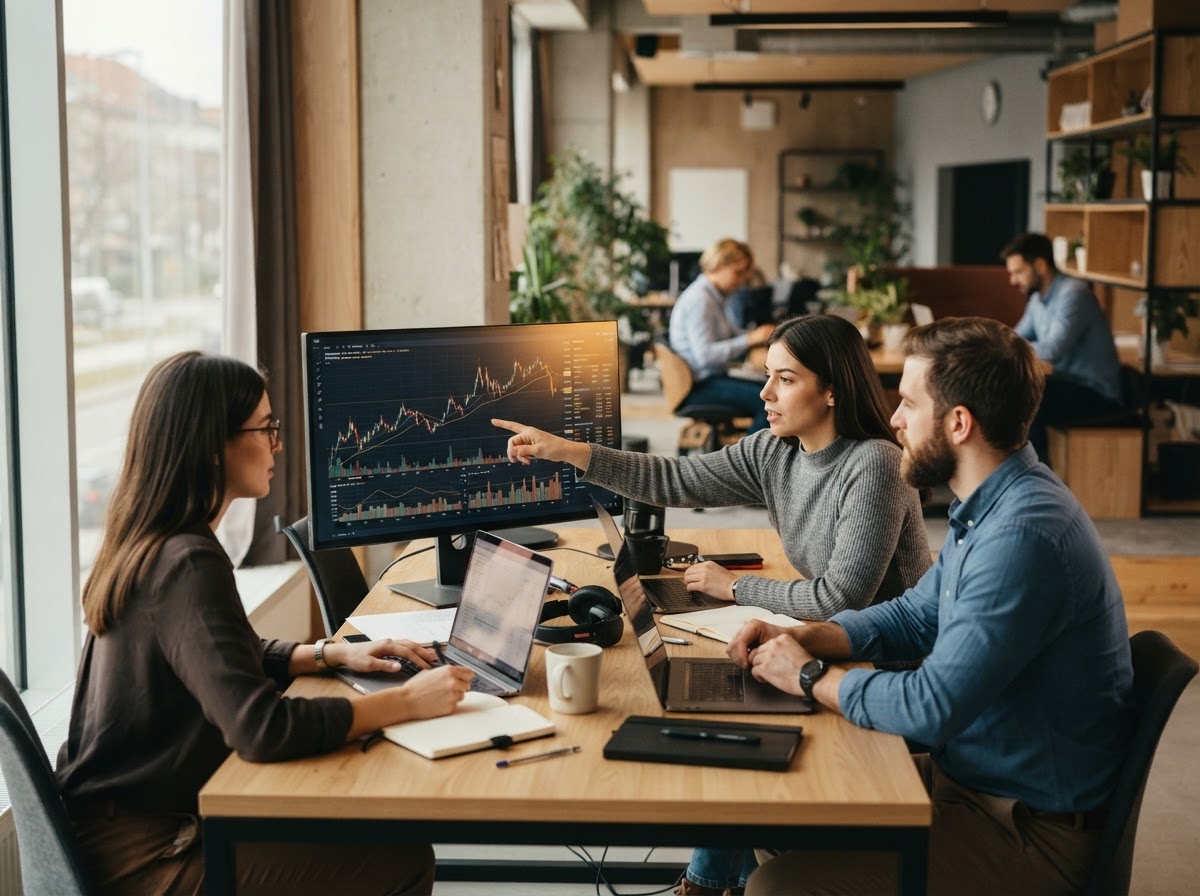 Analitiki razpravljajo o finančnih grafikonih na monitorju